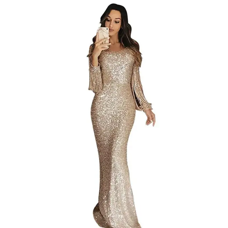 Women Bling Bling Glittering Party Dresses Tassels Long Sleeve Europe Sexy Lady Evening Party Cocktail Clothes Maxi Long Dress