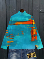 Pull en tricot pour femme à imprimé abstrait, col montant, manches longues, motif artistique, bleu