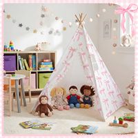 Tente de jeu pour enfants à motif nœud rose, tipi pliable en toile avec fenêtre latérale pour la décoration de chambre d'enfant
