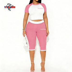 Kaos Raglan Crop dan Legging Capri Pinggang Tinggi, Set Olahraga Dua Potong Warna Kontras untuk Wanita, Pakaian Santai - Product Image 1