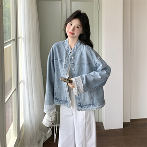 Manteau en jean matelassé haut de gamme avec dentelle et empiècements pour <span class=keywords><strong>femme</strong></span>, idéal printemps-automne, style décontracté - Product Image 3
