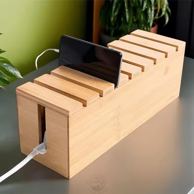 Bamboo Cable Management Box Desk Floor Area Wire Extension Cord Hider Storage Designed for Tidying Cable Storage