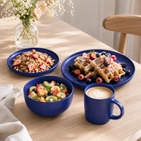 Service de table rustique en céramique bleue mate avec assiettes, bols et tasses - Résistant au lave-vaisselle et à la chaleur