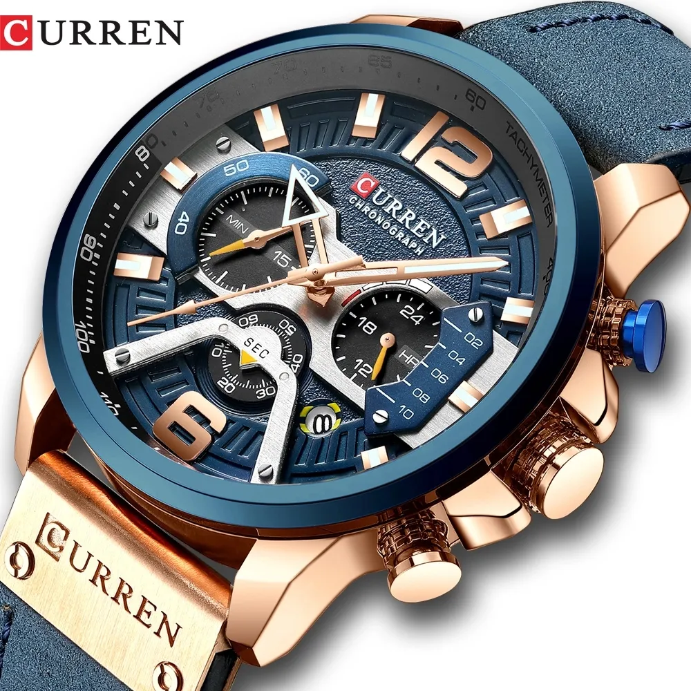 Повседневные спортивные мужские часы CURREN 8329, синие Роскошные военные мужские часы с кожаным ремешком, мужские часы, модные кварцевые часы с хронографом