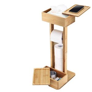 Porte-papier toilette en bois, support de rangement pour salle de bain en bambou sur pied avec boîte à mouchoirs et plateau pour téléphone, design multi-niveaux polyvalent - Product Image 2