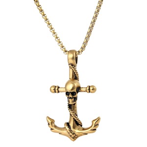Yunnique – collier avec pendentif crâne et ancre, en acier inoxydable, couleur or, chaîne de style Hip Hop Punk, 60cm - Product Image 5