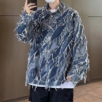 Blouson en jean décontracté pour homme, bleu délavé, patchwork effiloché, coupe ample, coupe-vent, résistant aux plis, vente en gros, logo personnalisé, haute qualité