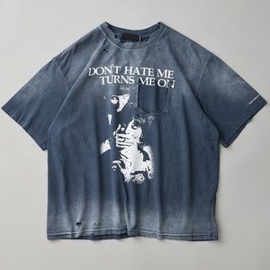 เสื้อยืดโอเวอร์ไซส์สไตล์สตรีทแวร์ลายกราฟิกวินเทจฟอกสีขาดๆ สำหรับผู้ชาย ผ้าฝ้าย 100% ออกแบบเองได้ - Product Image 1