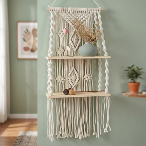 Estante de Pared Rectangular de Macramé Estilo Bohemio, Estante de Almacenamiento de Madera, Soporte de Exhibición de Cuerda de Algodón Hecho a Mano para Decoración del Hogar y Sala de Estar - Product Image 3