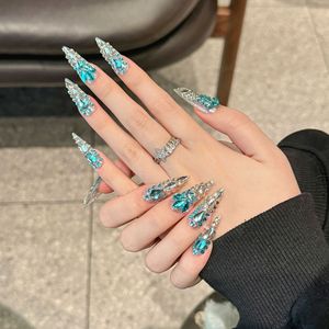 Faux ongles de luxe français à couverture complète, motif bleu scintillant sous-marin, infusés de diamants, en ABS, à presser, portables - Product Image 1