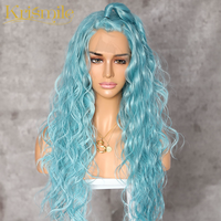 Water Wave Wig Sintetis Panjang Renda Depan, Rambut Palsu Biru Muda untuk Pesta Wanita Tarik Cosplay Ratu Hadiah Suhu Tinggi Harian Pernikahan