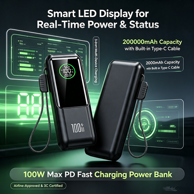 100W PD Fast Charging Power Bank 20000mAh Built-in Type-C Cable Portable Multi-Device Charger with LED Display