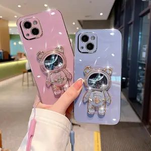 Lüks kaplama kare quicksand Astronaut katlanır stand telefon Iphone için kılıf 15 14 11 12 13 Pro Max Lens koruma yumuşak kapak