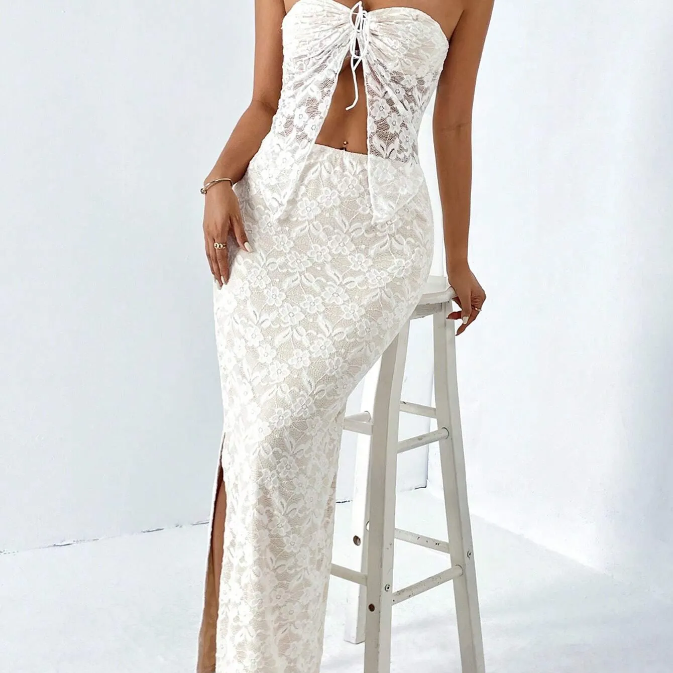Custom Women Dress Sexy Summer Two Pieces Halter V-Neck Lace Bodycon Top And Lace Slit Skirt