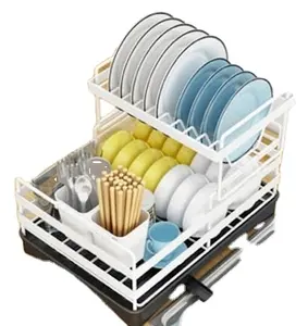 博城可拆卸碗碟排水器收纳器，带餐具架2层碗碟架，带排水板柜台碗碟晾衣架