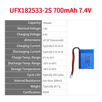 حزمة بطارية ليثيوم بوليمر UFX 182533-2S بسعة 700 مللي أمبير وجهد 7.4 فولت، مخصصة من قبل الشركة المصنعة، بطارية ثنائية الخلايا قابلة لإعادة الشحن مع شهادة MSDS