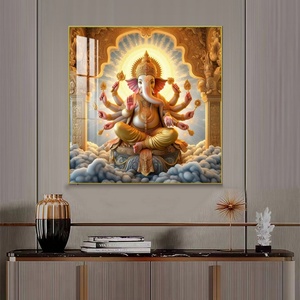 Venta al por mayor de fábrica: Arte de pared LED de metal con pintura de porcelana de cristal cuadrada, diseño abstracto de Dios Indio y Elefante, para decoración del hogar. - Product Image 2