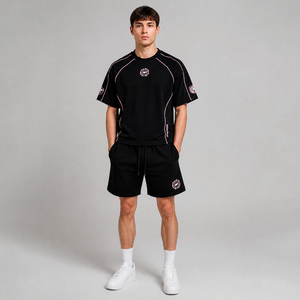 Ensemble de survêtement athlétique personnalisé Yingling, short en jersey <span class=keywords><strong>noir</strong></span>, t-shirt ample streetwear à manches raglan avec passepoil contrastant, t-shirt oversize pour homme - Product Image 3