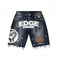 Ensemble de survêtements vintage 2 pièces pour hommes : Jorts en jean délavé avec strass et chemises en toile à carreaux imprimées
