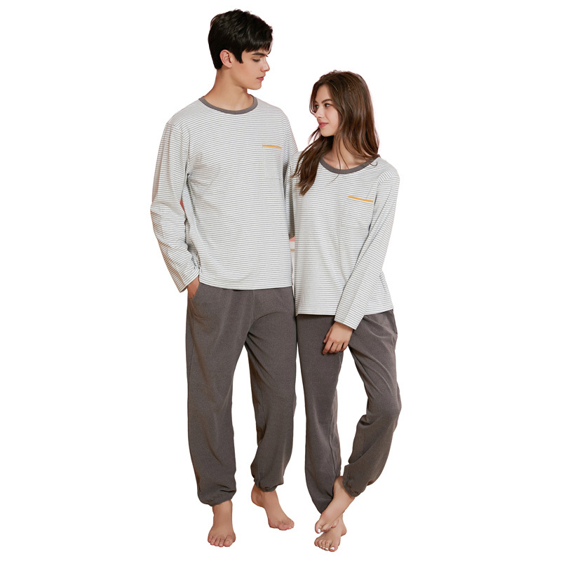New Double-Sided Warmth Brushed Men'S Sleepwear Round Neck Sleepwear Set Striped Long-Sleeved Pajama Suit