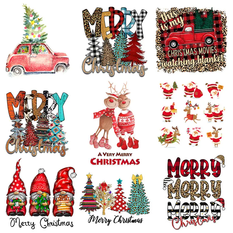 New Year DTF Heat Transfers Merry Christmas Sticker Garment Vinyl Designs Heat Transfer Printing on T Shirt 7 Kinds of Size