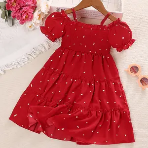 Groothandel Gesmokte Ruche Vintage Dot Print Zomer Kinderkleding Baby Meisjes Rode Party Casual Strandvakantie Outfit Jurk