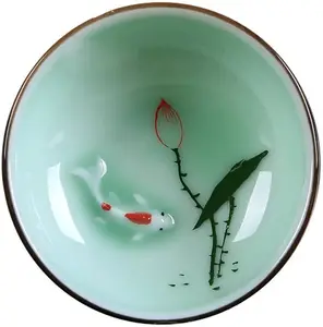 Tasse à thé kung fu antique en céramique, tasse à thé en porcelaine chinoise longue quan, tasse à thé kungfu, motif de poisson et de Lotus, ensemble de 5 pièces
