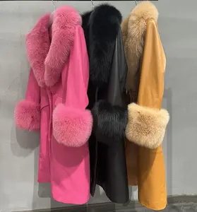 2022冬季秋千外套女装冬季纯色真皮羊皮大衣，带奢华狐狸毛领
