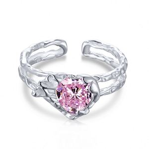 Dylam Ins Hot Double Layered Sterling Silver 925 White Gold Pink Zircon Stone S925 <b>Rings</b> Adjustable Hollow Open <b>Ring</b> - Product Image 1