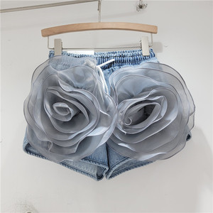 3D Large Flowers New A-line <b>Skirts</b> Women's High-waisted Denim <b>Skirt</b> With Lined Safety Shorts Fashion - Product Image 3
