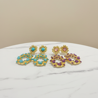 Boucles d'oreilles pendantes tendance style bohème en turquoise et améthyste, plaquées or 18 carats, grosses boucles d'oreilles clous de déclaration, bijoux floraux féminins