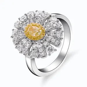 Unique high jewelry design 18k white gold cushion cut center natural yellow diamond ring