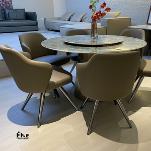 Ensemble de table à manger rectangulaire moderne avec plateau en marbre, chaises en cuir PU beige, pieds en métal noir pour restaurant, hôtel - Product Image 3