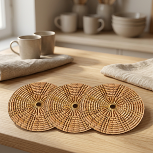 Posavasos de Ratán Boho Hechos a Mano de Lujo, Decoración de Mesa para el Hogar, Estilo Rústico Retro, para Bebidas y Café, Redondos, 5 mm de Grosor, 33 cm de Diámetro - Product Image 3