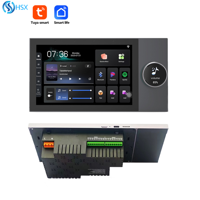 7-Inch Smart Audio Wall Amplifier for Hotels Alexa Android USB Tuya Zigbee Integrated Electric Touch Screen Control Panel