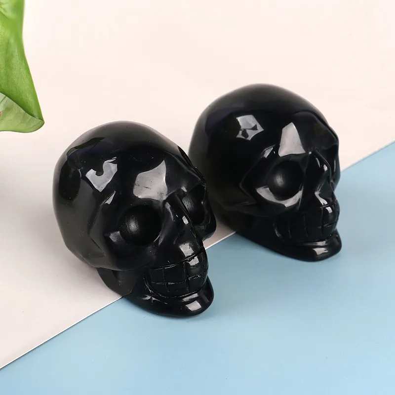 Tengkorak kristal ukiran tangan alami 3 inci, patung tengkorak Obsidian hitam untuk dekorasi