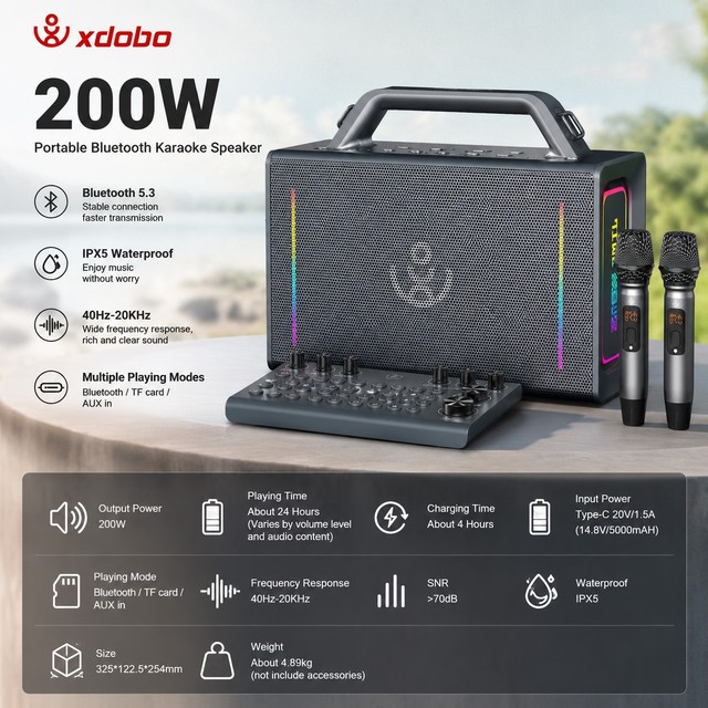Xdobo Party Play 200W Karaoke RGB Portable for Speaker Wireless Outdoor IPX5 Waterproof BT 5.3 24H Playtime