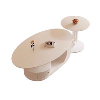 Ensemble de tables basses modernes haut de gamme, durables, avec rangement, compactes, légèrement luxueuses, de style français, en dalle de pierre ovale, couleur crème, pour salon