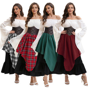 Ensemble haut à manches longues et épaules dénudées pour femme avec jupe midi à taille ceinturée, en mousseline à carreaux, ourlet irrégulier, tenue complète sans étiquette - Product Image 1