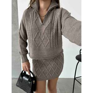 Visa Zip-up <b>Knit</b> Skirt Set Women's <b>Sweater</b> Skirt S Size Diamond <b>Cable</b> <b>Knit</b> Pattern Cozy Winter Outfit - Product Image 1