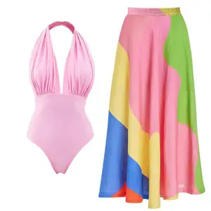 2024 New Fashion One Piece Deep V Neck and 3D Flower Swimwear with Cover Up Skirt Bikini Sets For Women Luxury Beachwear