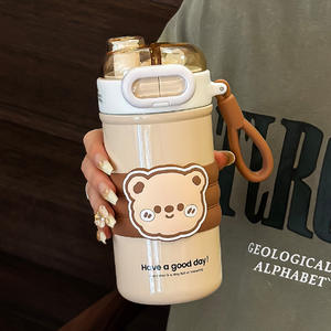 Bouteille d'eau isotherme mignonne à motif de dessin animé pour femmes, étudiants et enfants, 500 ml, portable avec paille, tasse à boire en acier inoxydable à double paroi - Product Image 3