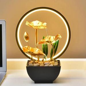 Lampe de bureau à LED avec ornement d'eau courante, base en pierre et design de lotus doré pour la décoration de la maison et du bureau - Product Image 1