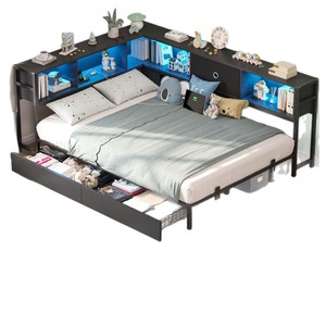 Cross-border metal wrought iron <b>bed</b> frame, simple corner floor-standing single <b>bed</b> with <b>LED</b> ambient lighting and drawer storage. - Product Image 2