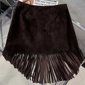 Fall Vintage <strong>Brown</strong> Suede <strong>Skirts</strong> Fitted Genuine <strong>Leather</strong> Pencil <strong>Skirt</strong> Tassel <strong>Skirt</strong> Woman - Product Image 2