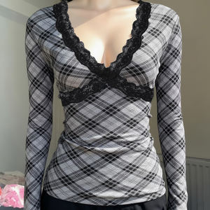 Camiseta de Manga Larga con Cuello en V y Ribete de Encaje Cruzado a Cuadros con Bloques de Color para Mujer, Informal, Elegante y Versátil - Product Image 1