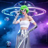 Ensemble de costume d'extraterrestre pour femme, en polyester, avec perruque verte, jupe métallique et kit de lunettes de soleil, pour Halloween, soirées rave et accessoires de déguisement