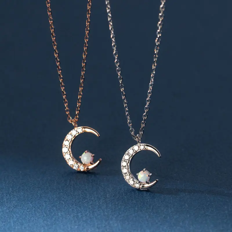 Calidad Zircon Pave Fire Opal Moon colgante 925 collares de plata esterlina para mujeres regalos de Navidad joyería
