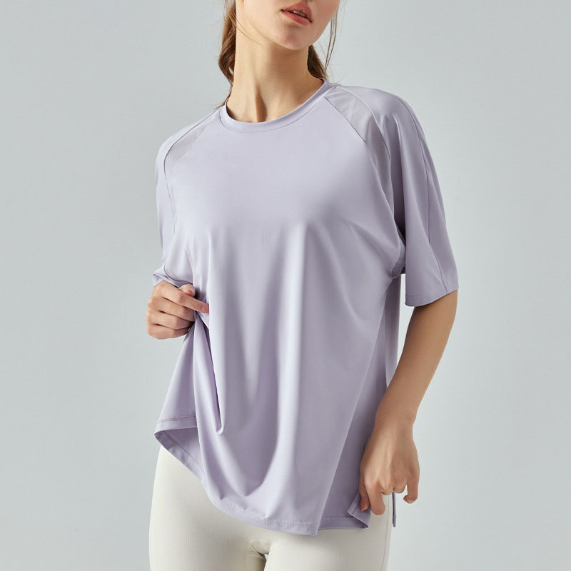 Hot Selling Women's Round Neck Short Sleeve Mesh Splice Yoga Shirts Breathable Fast Dry Side Cut Casual Gym T-Shirt