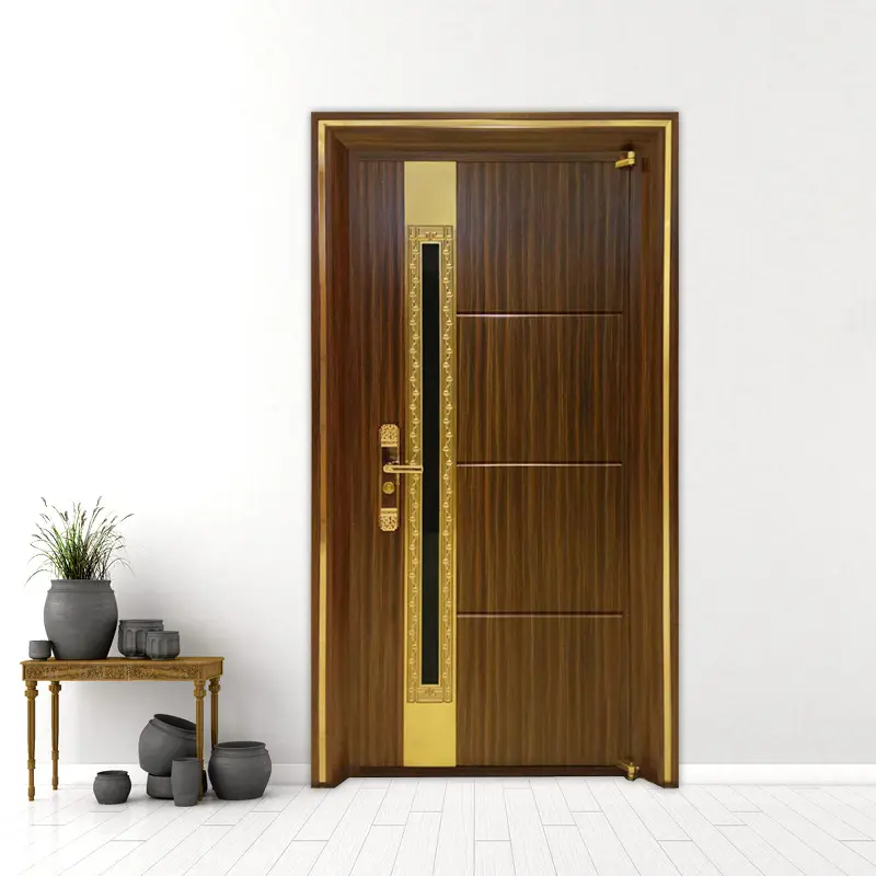 2020 new hot design front doors for house 304 stainless steel wood grain main entrance door with gold decoration security door